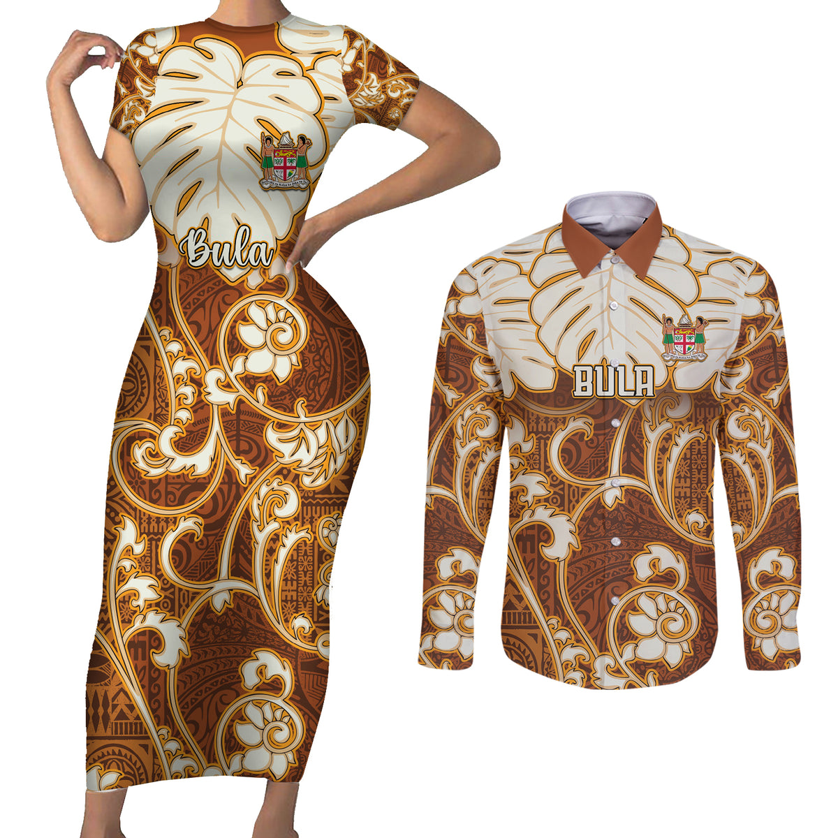 Personalized Fiji Spring Break Couples Matching Short Sleeve Bodycon Dress and Long Sleeve Button Shirts Fijian Tapa Pattern Brown LT05 Brown - Polynesian Pride