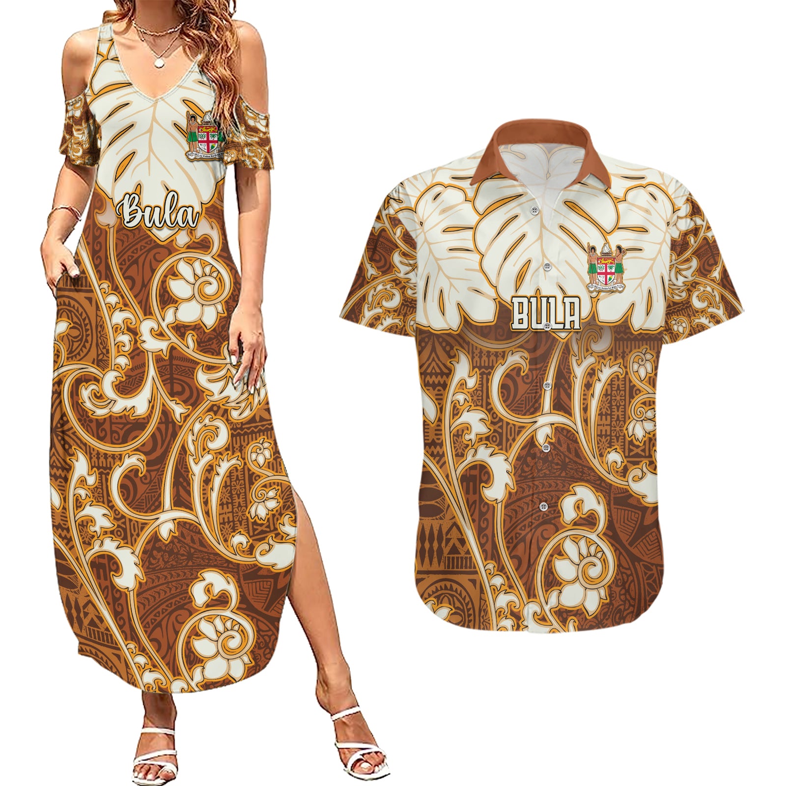 Personalized Fiji Spring Break Couples Matching Summer Maxi Dress and Hawaiian Shirt Fijian Tapa Pattern Brown LT05 Brown - Polynesian Pride
