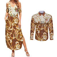 Personalized Fiji Spring Break Couples Matching Summer Maxi Dress and Long Sleeve Button Shirts Fijian Tapa Pattern Brown LT05 Brown - Polynesian Pride