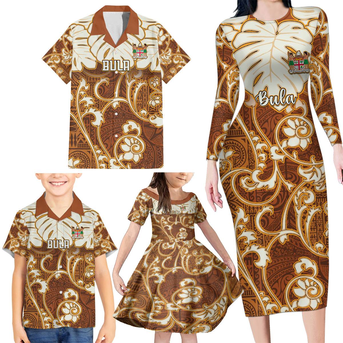 Personalized Fiji Spring Break Family Matching Long Sleeve Bodycon Dress and Hawaiian Shirt Fijian Tapa Pattern Brown LT05 - Polynesian Pride