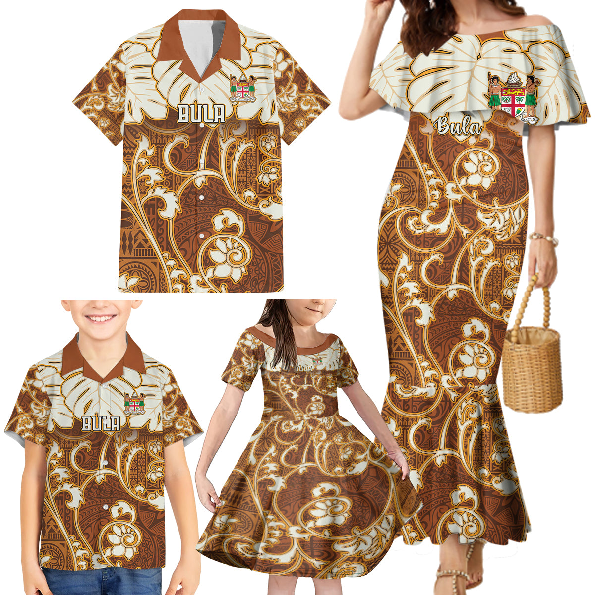 Personalized Fiji Spring Break Family Matching Mermaid Dress and Hawaiian Shirt Fijian Tapa Pattern Brown LT05 - Polynesian Pride