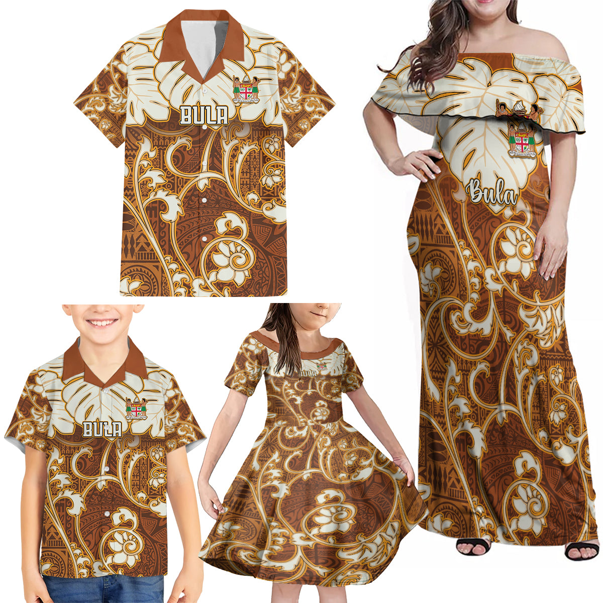 Personalized Fiji Spring Break Family Matching Off Shoulder Maxi Dress and Hawaiian Shirt Fijian Tapa Pattern Brown LT05 - Polynesian Pride