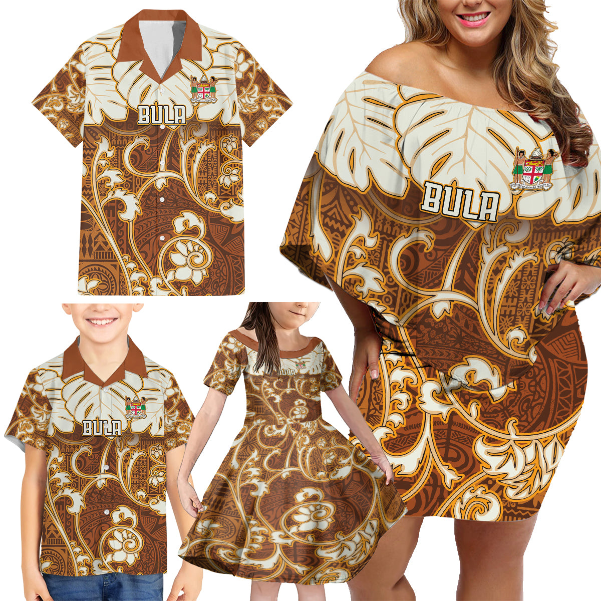 Personalized Fiji Spring Break Family Matching Off Shoulder Short Dress and Hawaiian Shirt Fijian Tapa Pattern Brown LT05 - Polynesian Pride