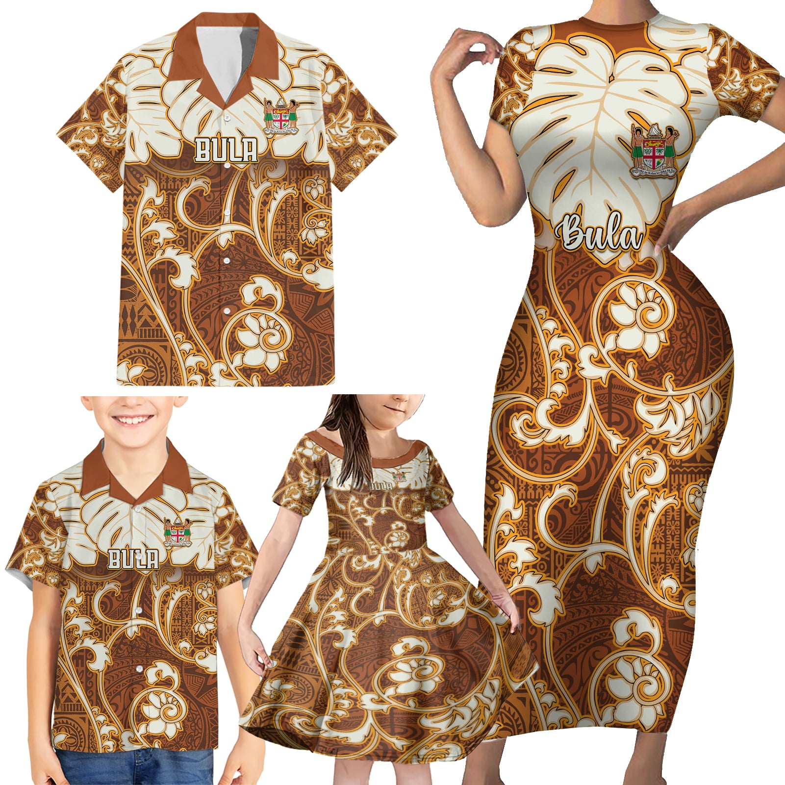 Personalized Fiji Spring Break Family Matching Short Sleeve Bodycon Dress and Hawaiian Shirt Fijian Tapa Pattern Brown LT05 - Polynesian Pride