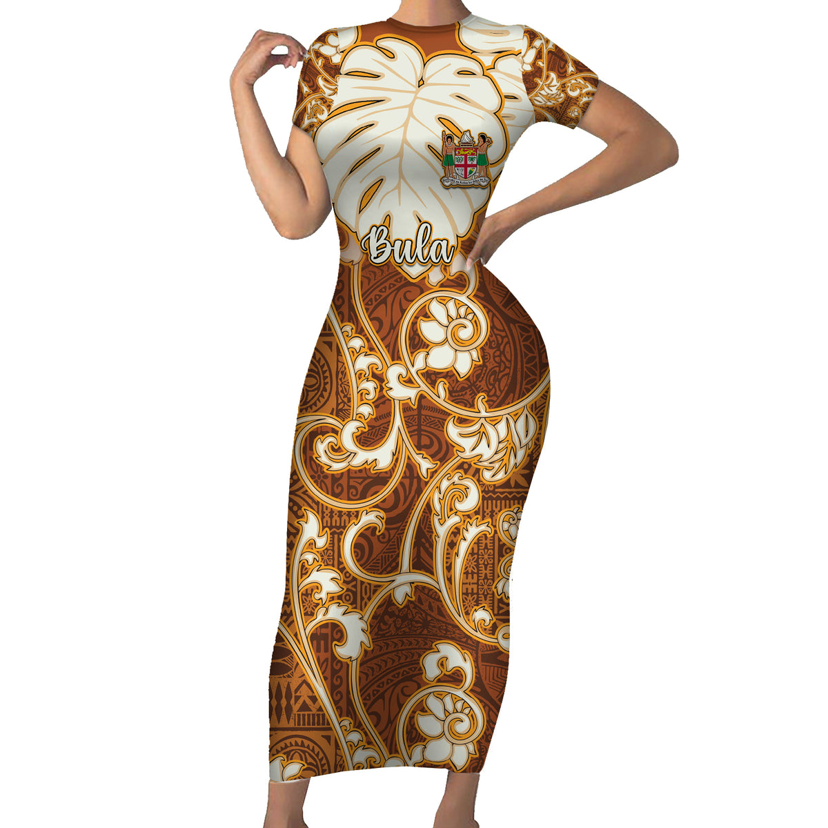 Personalized Fiji Spring Break Family Matching Short Sleeve Bodycon Dress and Hawaiian Shirt Fijian Tapa Pattern Brown LT05 Mom's Dress Brown - Polynesian Pride