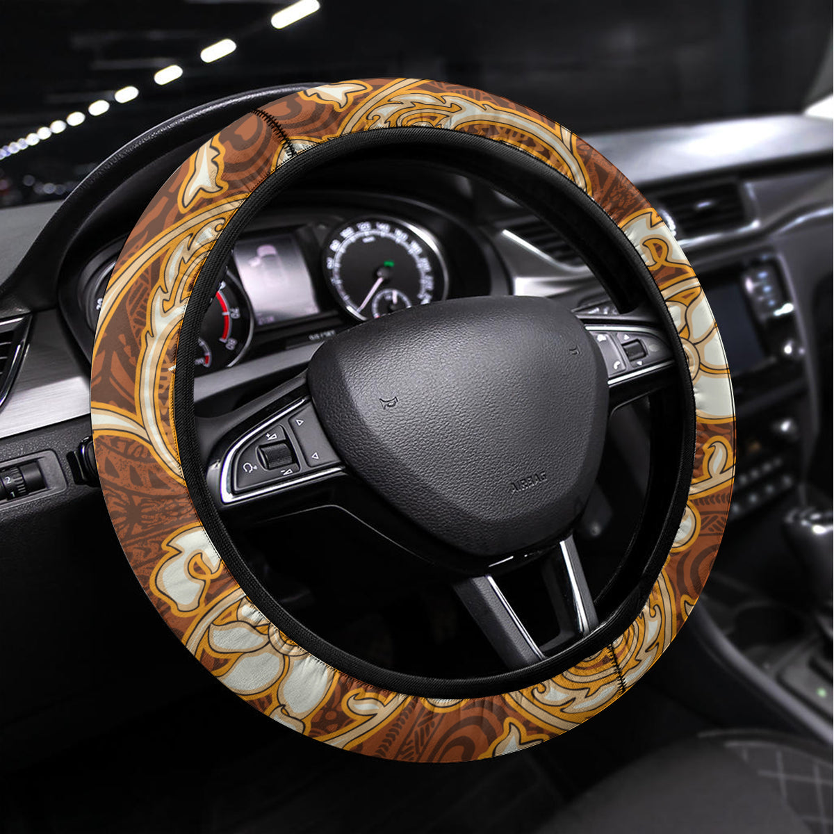 Fiji Spring Break Steering Wheel Cover Fijian Tapa Pattern Brown