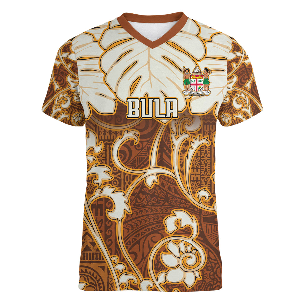Personalized Fiji Spring Break Women V Neck T Shirt Fijian Tapa Pattern Brown LT05 Female Brown - Polynesian Pride