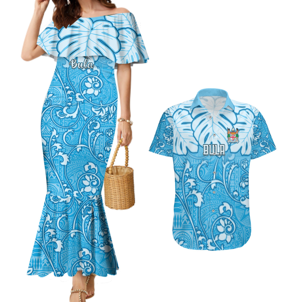 Personalized Fiji Spring Break Couples Matching Mermaid Dress and Hawaiian Shirt Fijian Tapa Pattern Blue LT05 Blue - Polynesian Pride