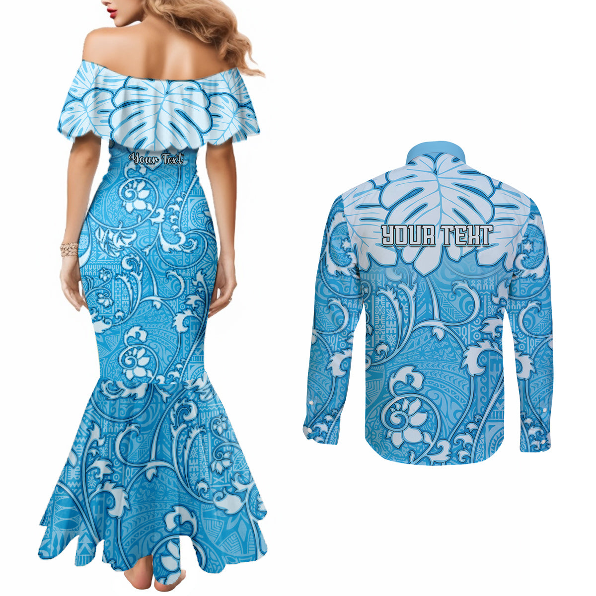 Personalized Fiji Spring Break Couples Matching Mermaid Dress and Long Sleeve Button Shirts Fijian Tapa Pattern Blue LT05 - Polynesian Pride