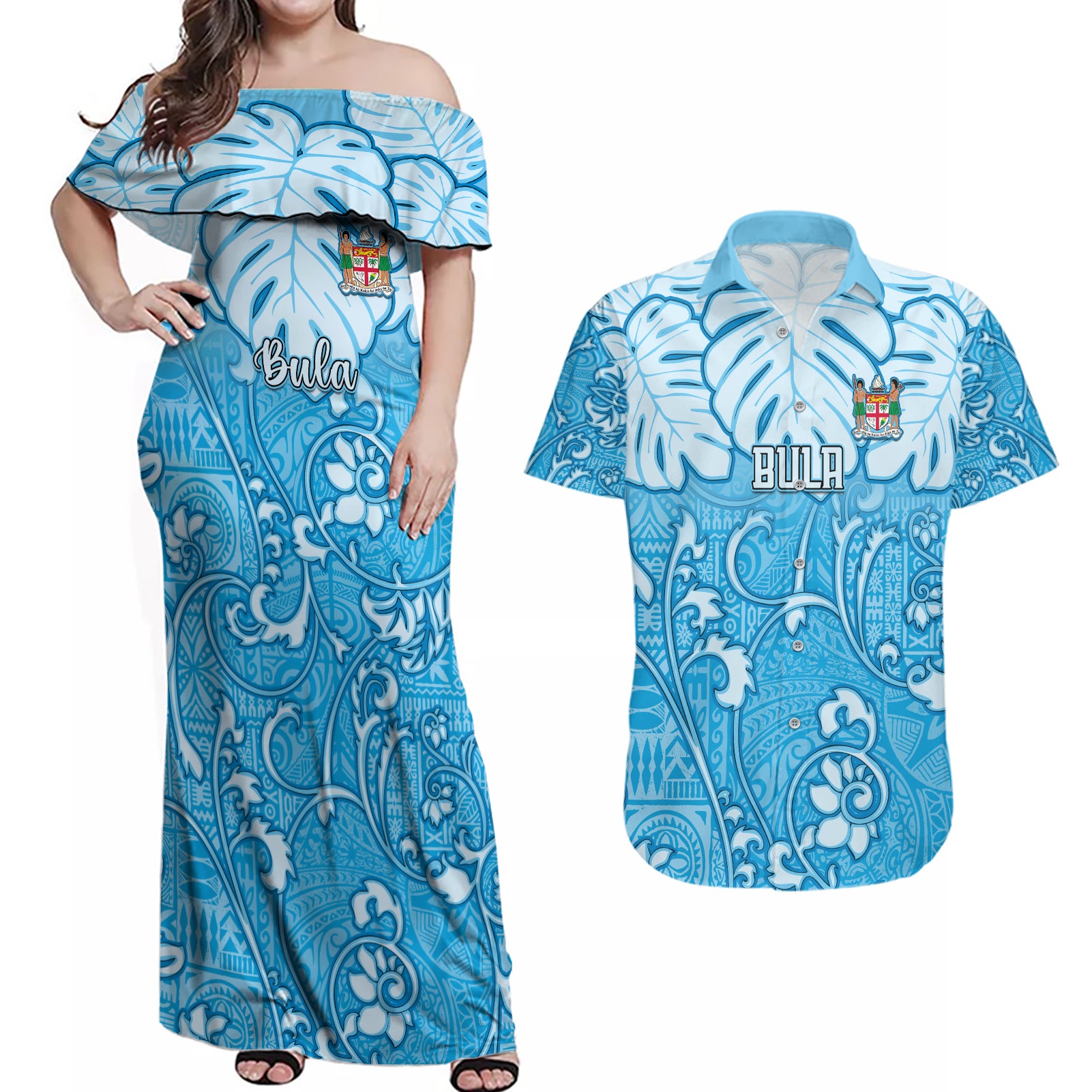 Personalized Fiji Spring Break Couples Matching Off Shoulder Maxi Dress and Hawaiian Shirt Fijian Tapa Pattern Blue LT05 Blue - Polynesian Pride