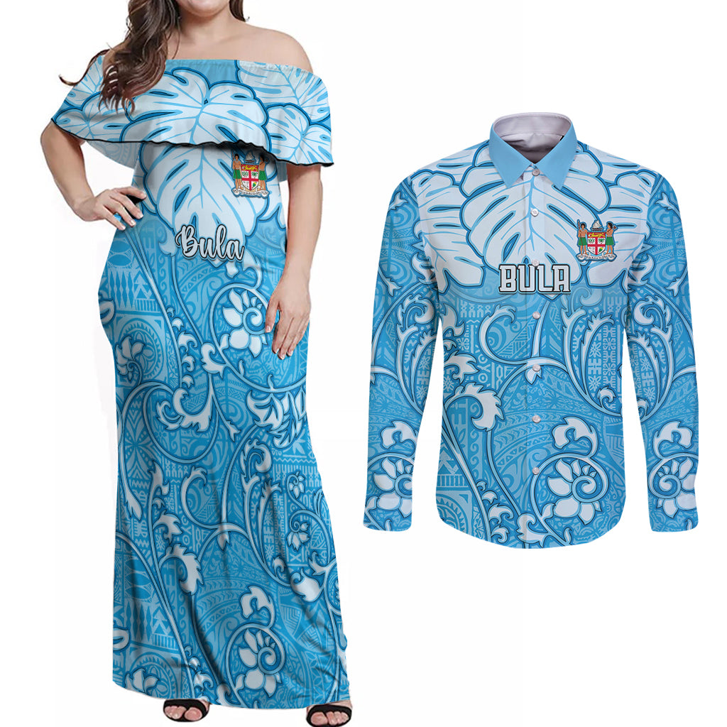 Personalized Fiji Spring Break Couples Matching Off Shoulder Maxi Dress and Long Sleeve Button Shirts Fijian Tapa Pattern Blue LT05 Blue - Polynesian Pride