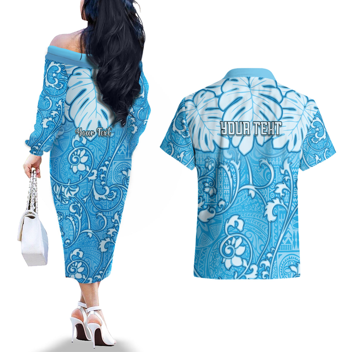 Personalized Fiji Spring Break Couples Matching Off The Shoulder Long Sleeve Dress and Hawaiian Shirt Fijian Tapa Pattern Blue LT05 - Polynesian Pride