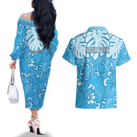 Personalized Fiji Spring Break Couples Matching Off The Shoulder Long Sleeve Dress and Hawaiian Shirt Fijian Tapa Pattern Blue LT05 - Polynesian Pride