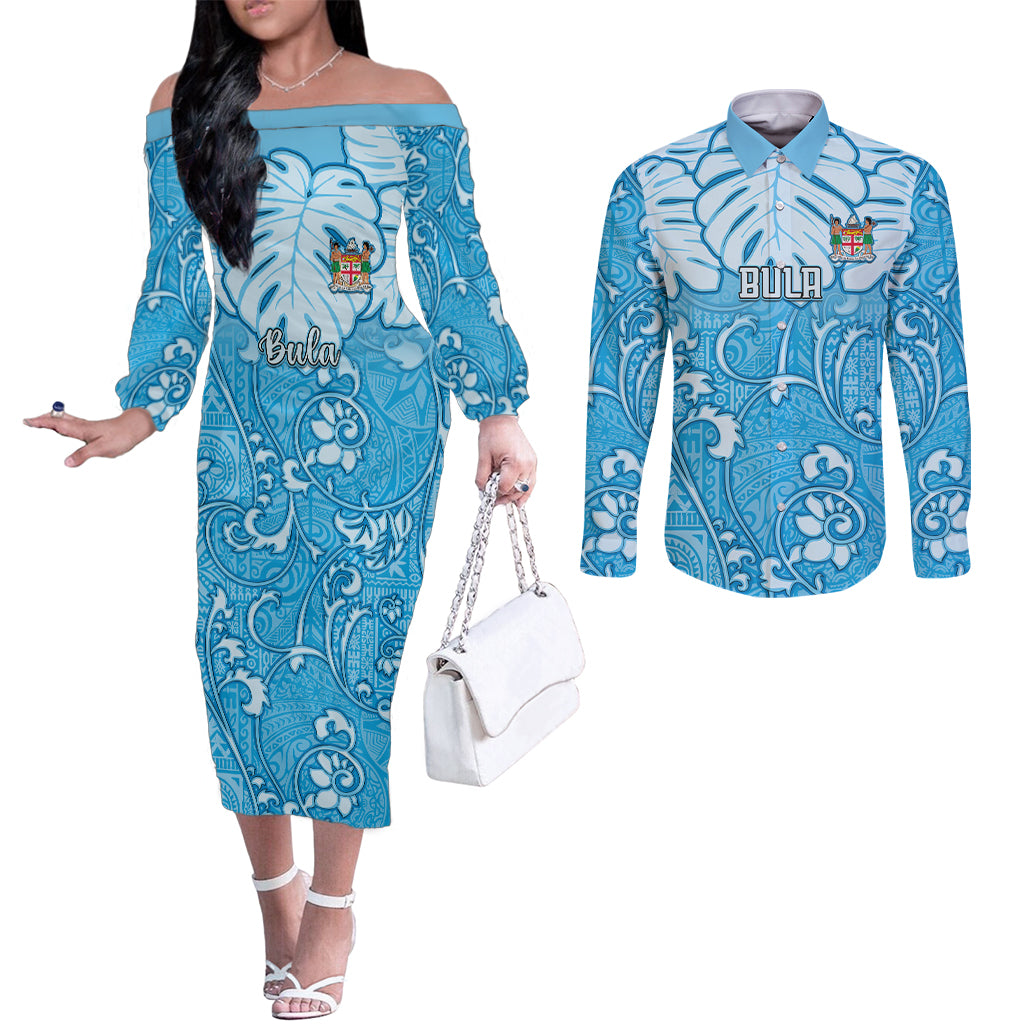 Personalized Fiji Spring Break Couples Matching Off The Shoulder Long Sleeve Dress and Long Sleeve Button Shirts Fijian Tapa Pattern Blue LT05 Blue - Polynesian Pride
