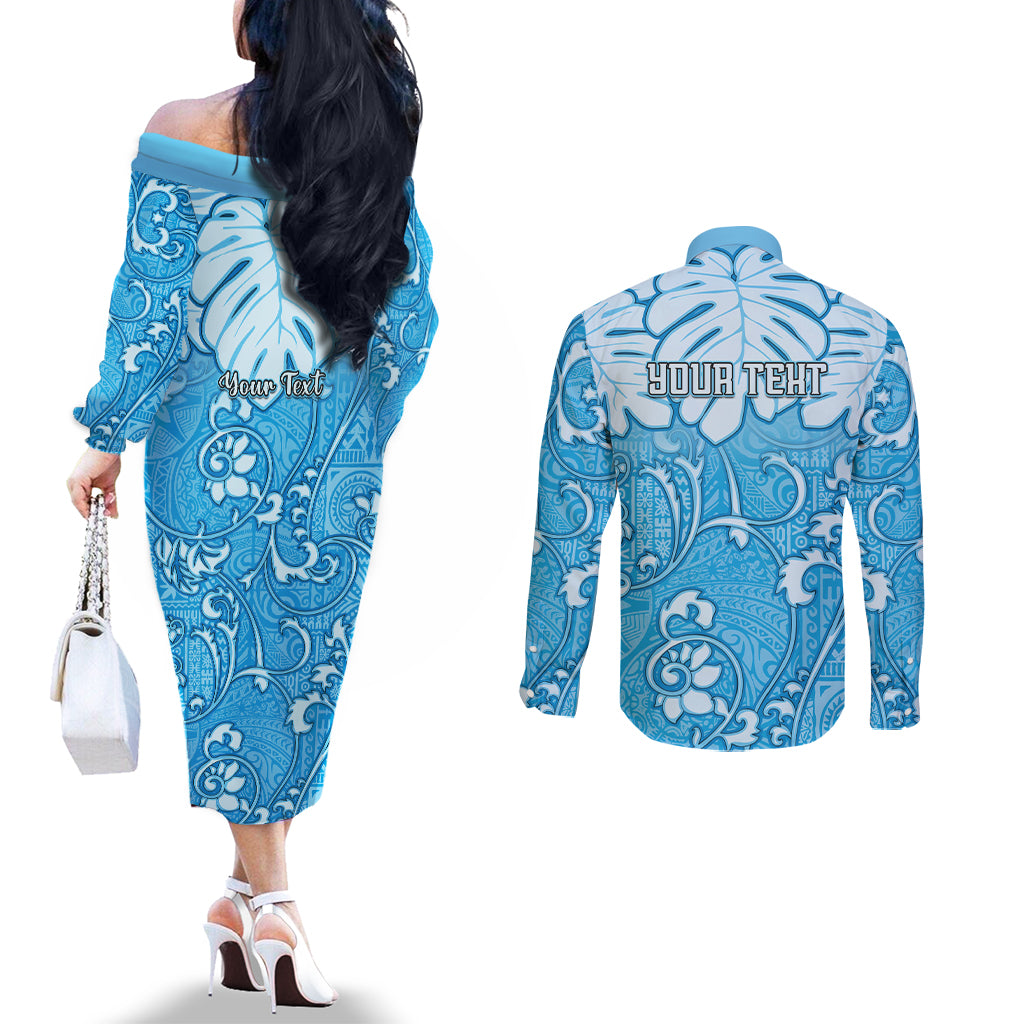 Personalized Fiji Spring Break Couples Matching Off The Shoulder Long Sleeve Dress and Long Sleeve Button Shirts Fijian Tapa Pattern Blue LT05 - Polynesian Pride