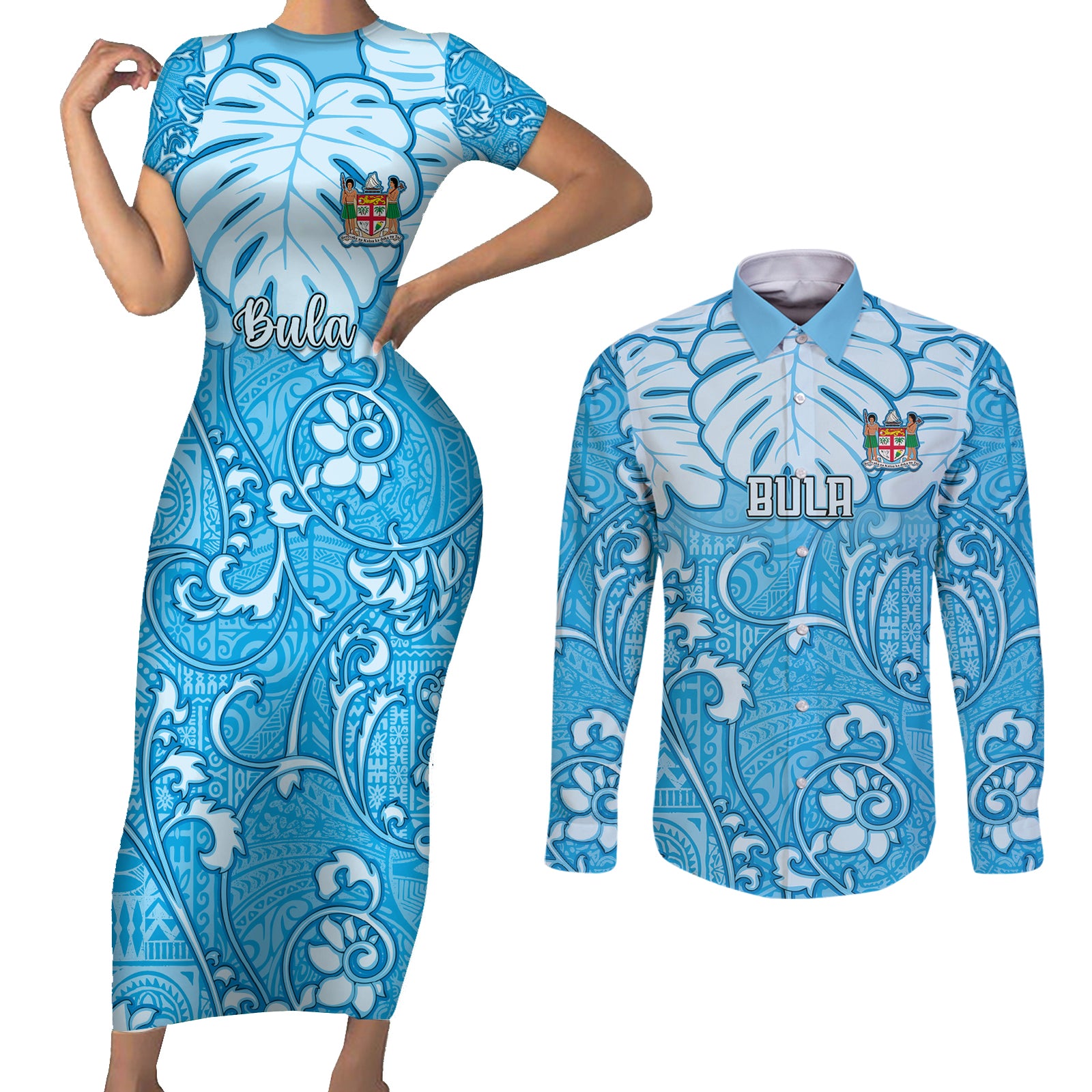 Personalized Fiji Spring Break Couples Matching Short Sleeve Bodycon Dress and Long Sleeve Button Shirts Fijian Tapa Pattern Blue LT05 Blue - Polynesian Pride