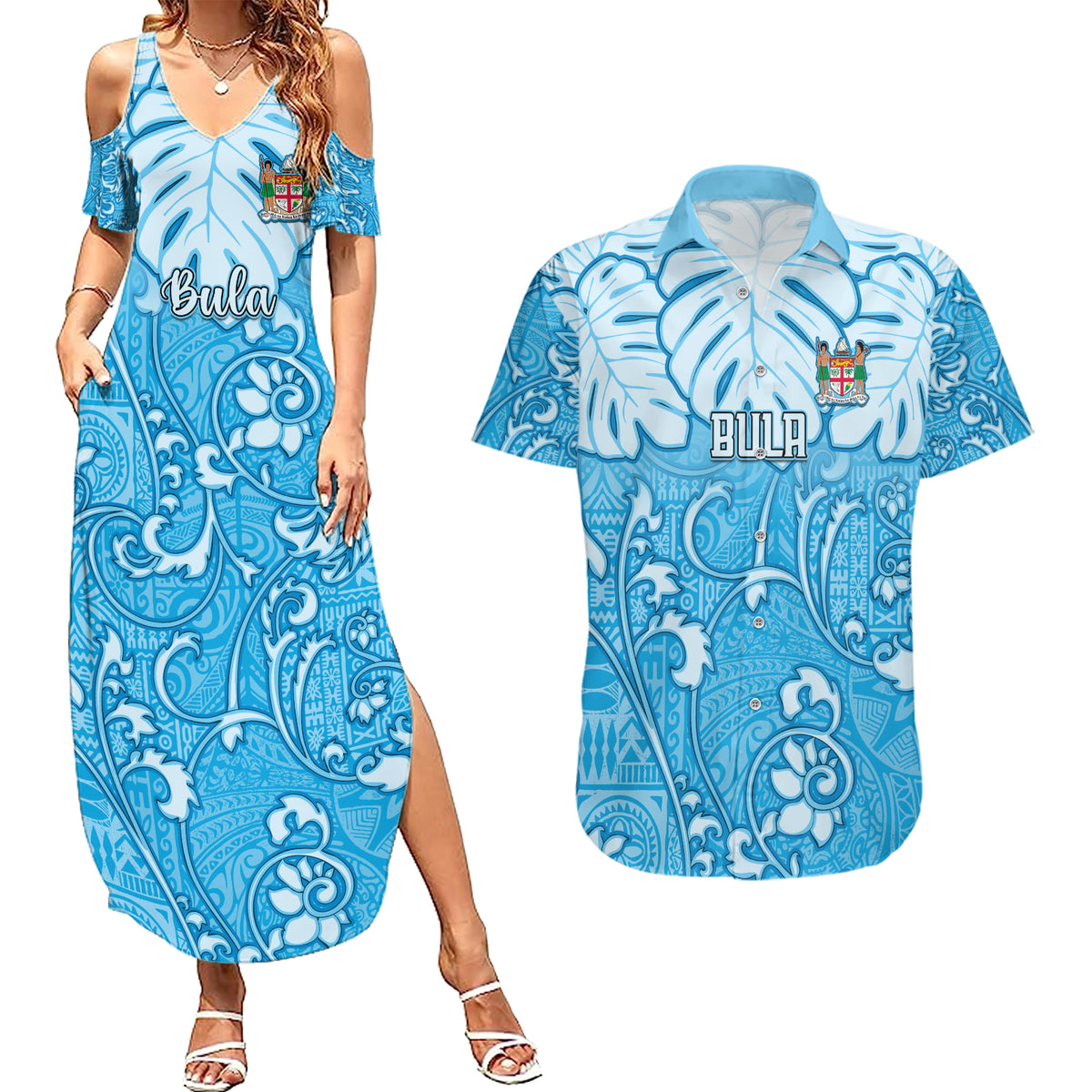 Personalized Fiji Spring Break Couples Matching Summer Maxi Dress and Hawaiian Shirt Fijian Tapa Pattern Blue LT05 Blue - Polynesian Pride