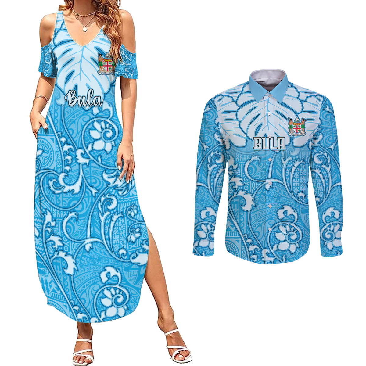 Personalized Fiji Spring Break Couples Matching Summer Maxi Dress and Long Sleeve Button Shirts Fijian Tapa Pattern Blue LT05 Blue - Polynesian Pride