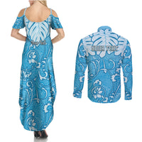 Personalized Fiji Spring Break Couples Matching Summer Maxi Dress and Long Sleeve Button Shirts Fijian Tapa Pattern Blue LT05 - Polynesian Pride