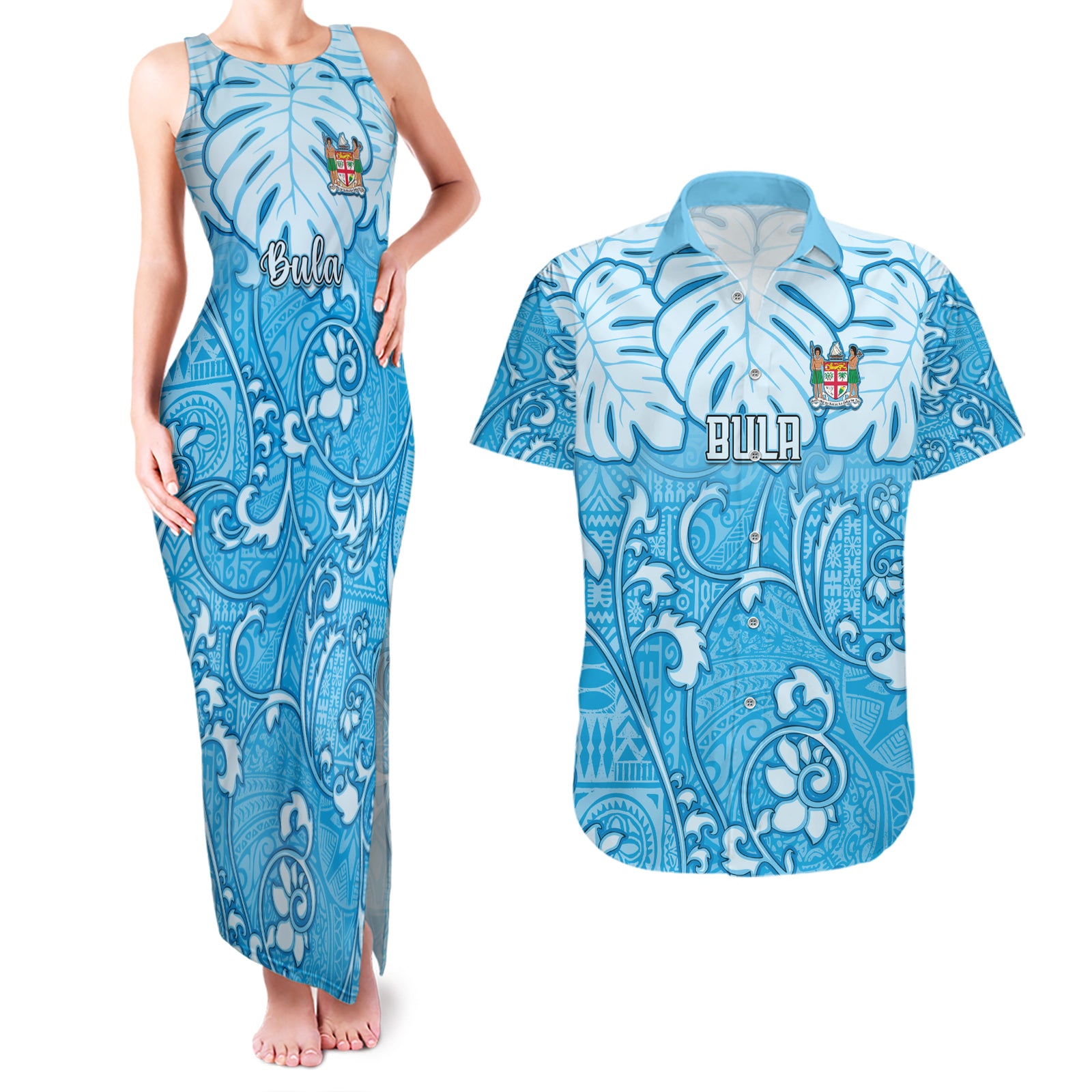 Personalized Fiji Spring Break Couples Matching Tank Maxi Dress and Hawaiian Shirt Fijian Tapa Pattern Blue LT05 Blue - Polynesian Pride