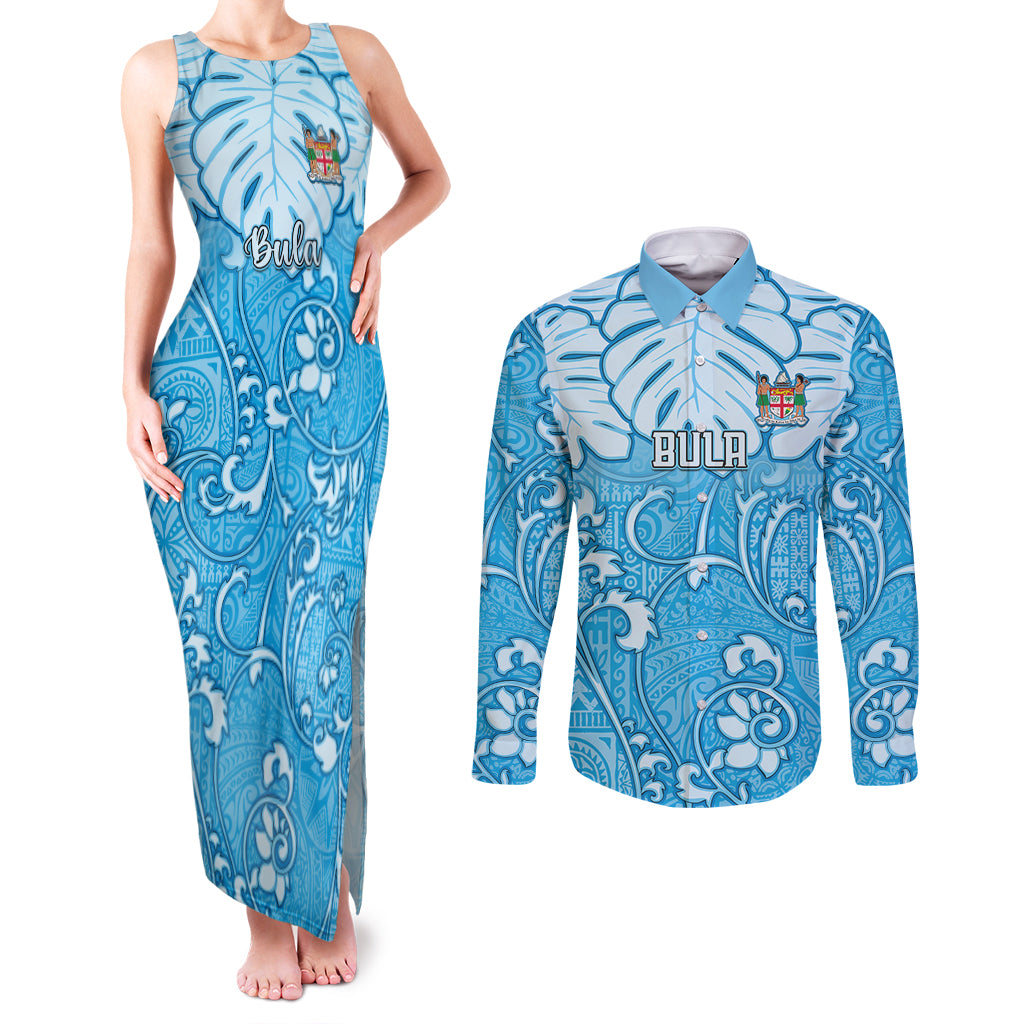 Personalized Fiji Spring Break Couples Matching Tank Maxi Dress and Long Sleeve Button Shirts Fijian Tapa Pattern Blue LT05 Blue - Polynesian Pride