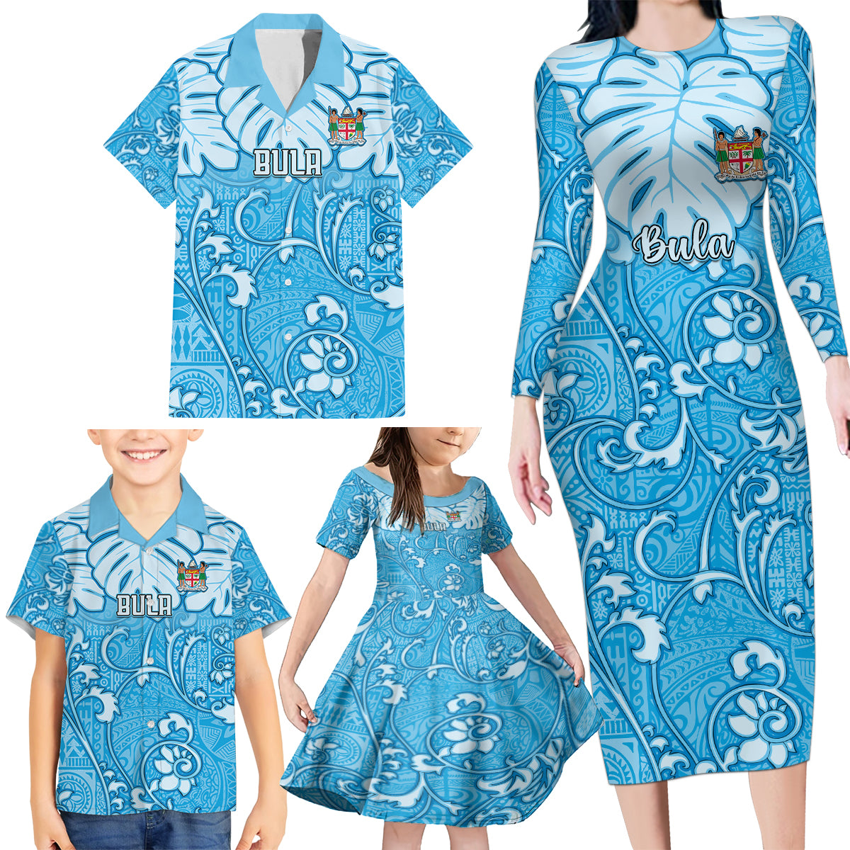 Personalized Fiji Spring Break Family Matching Long Sleeve Bodycon Dress and Hawaiian Shirt Fijian Tapa Pattern Blue LT05 - Polynesian Pride