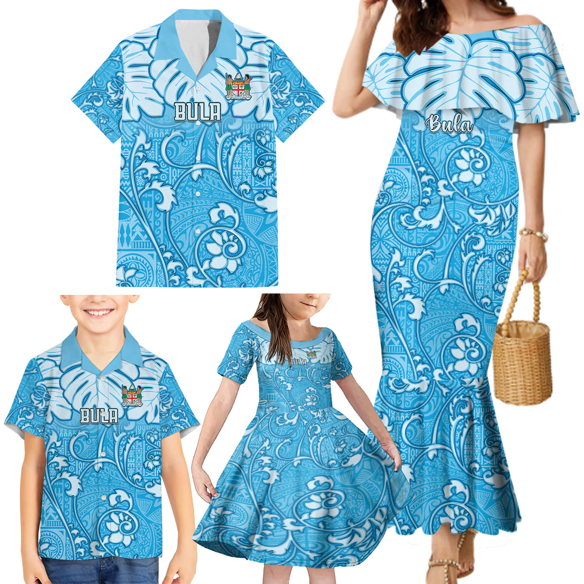 Personalized Fiji Spring Break Family Matching Mermaid Dress and Hawaiian Shirt Fijian Tapa Pattern Blue LT05 - Polynesian Pride