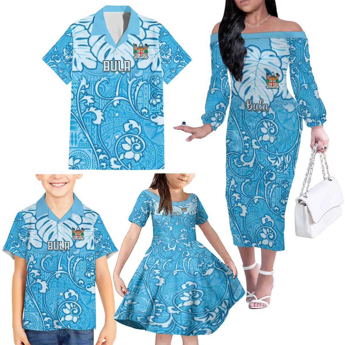 Personalized Fiji Spring Break Family Matching Off Shoulder Long Sleeve Dress and Hawaiian Shirt Fijian Tapa Pattern Blue LT05 - Polynesian Pride