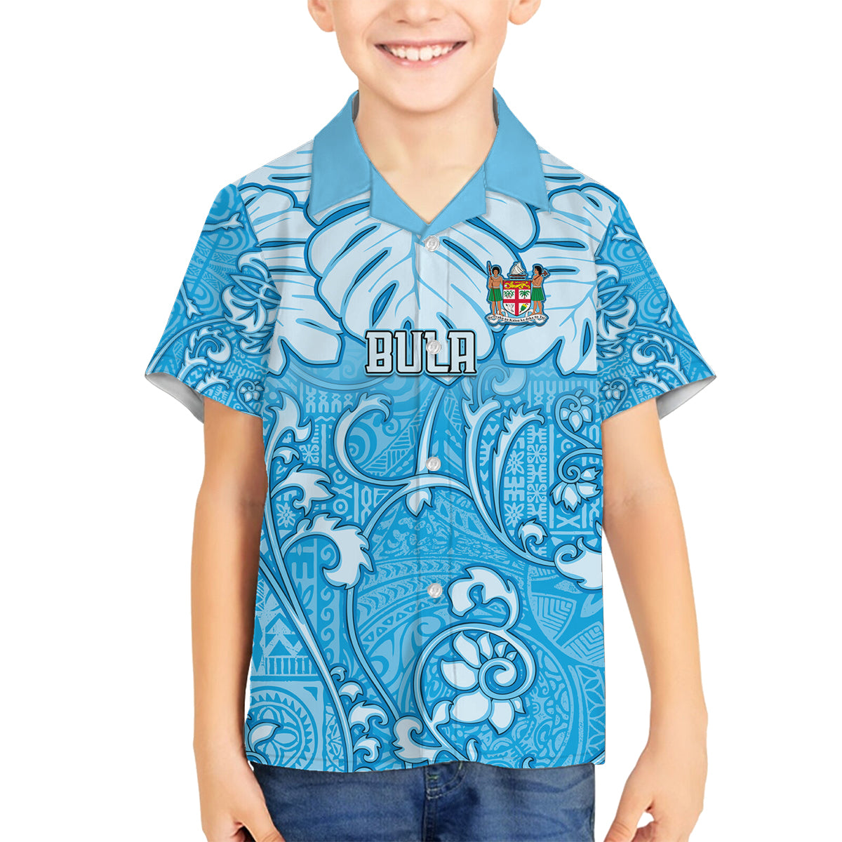 Personalized Fiji Spring Break Family Matching Off Shoulder Long Sleeve Dress and Hawaiian Shirt Fijian Tapa Pattern Blue LT05 Son's Shirt Blue - Polynesian Pride