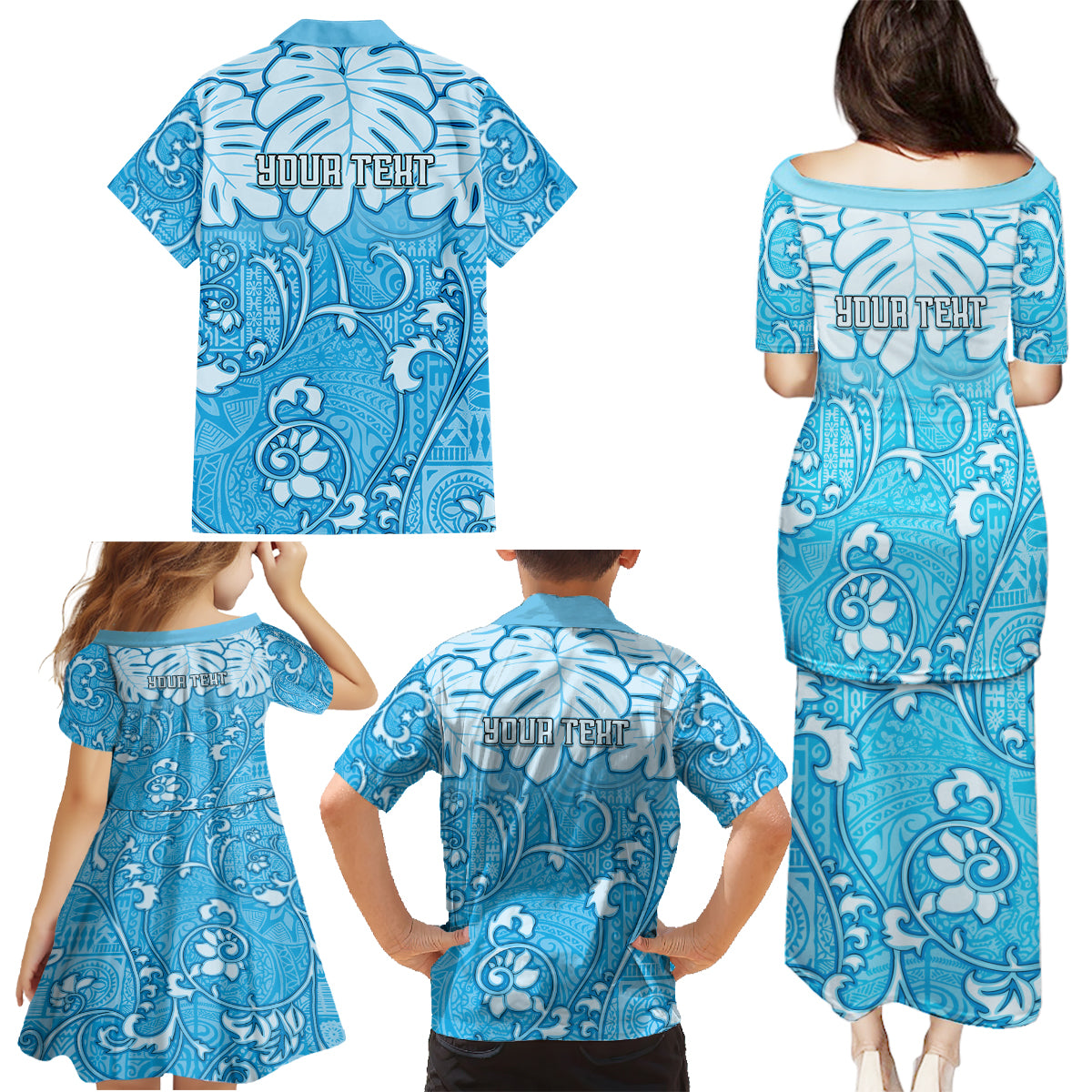 Personalized Fiji Spring Break Family Matching Puletasi Dress and Hawaiian Shirt Fijian Tapa Pattern Blue LT05 - Polynesian Pride