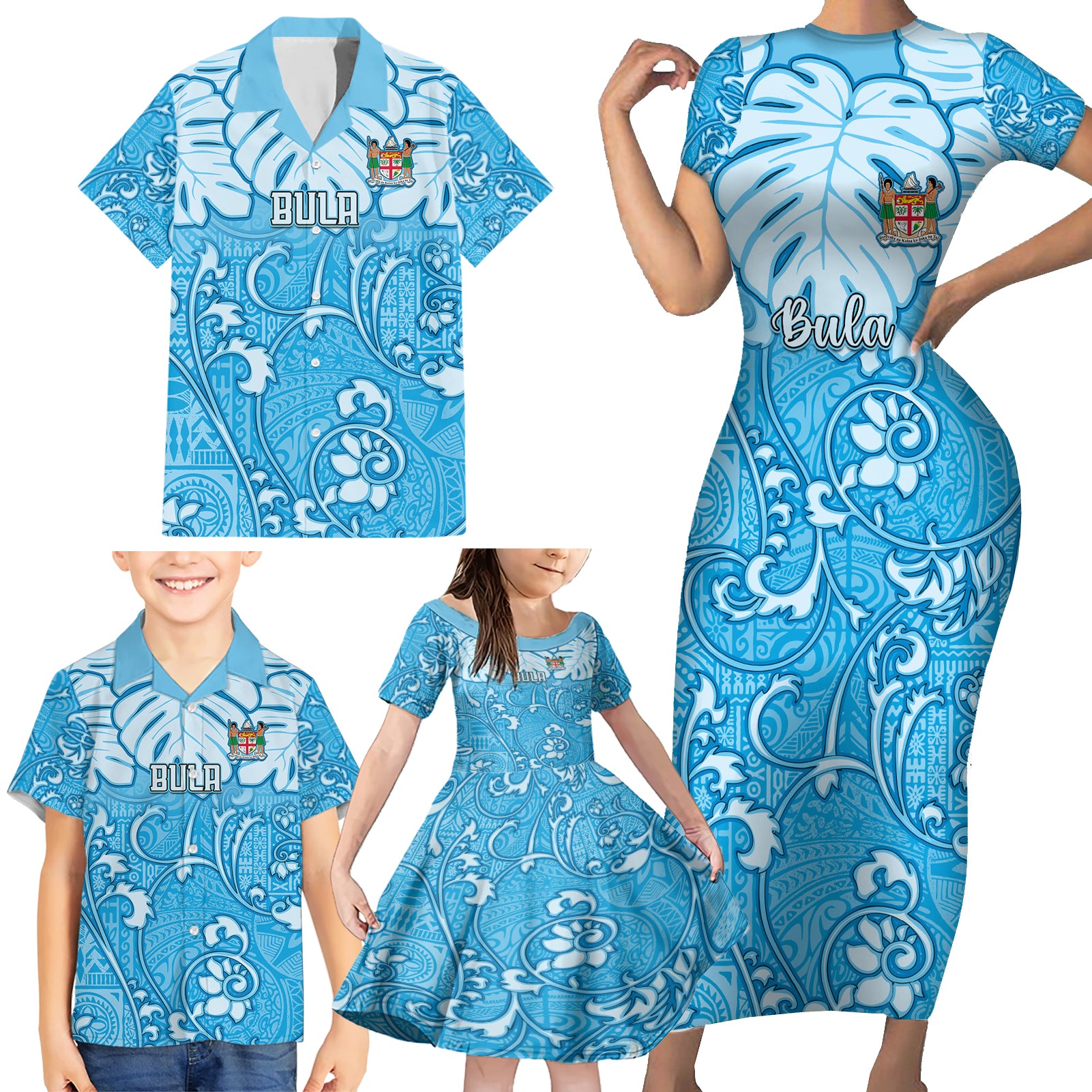 Personalized Fiji Spring Break Family Matching Short Sleeve Bodycon Dress and Hawaiian Shirt Fijian Tapa Pattern Blue LT05 - Polynesian Pride