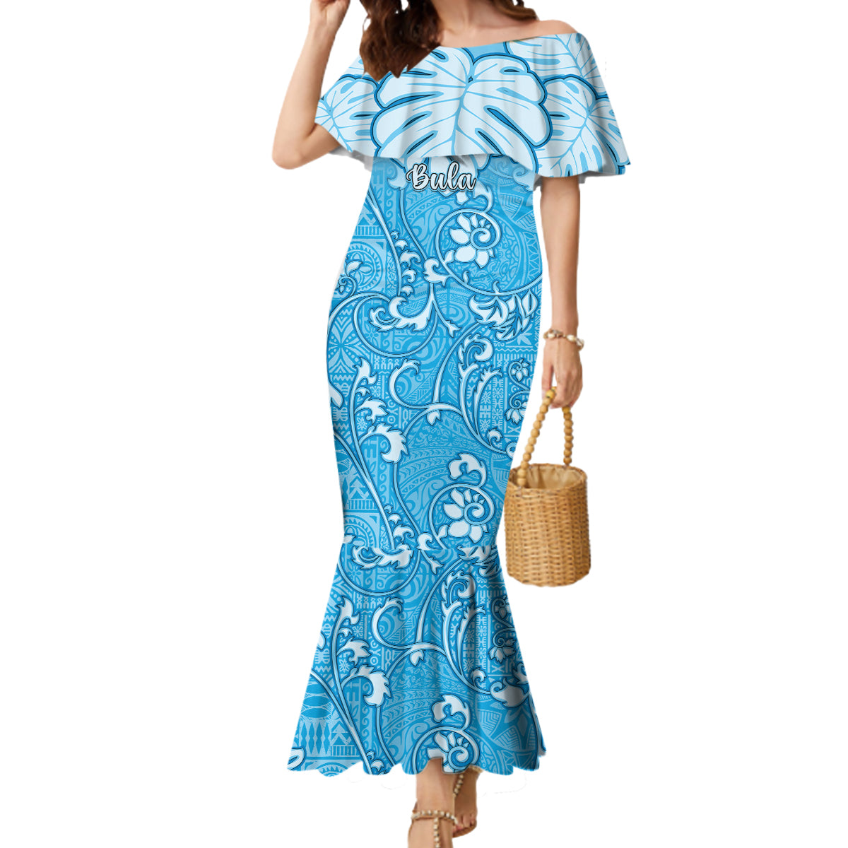 Personalized Fiji Spring Break Mermaid Dress Fijian Tapa Pattern Blue LT05 Women Blue - Polynesian Pride