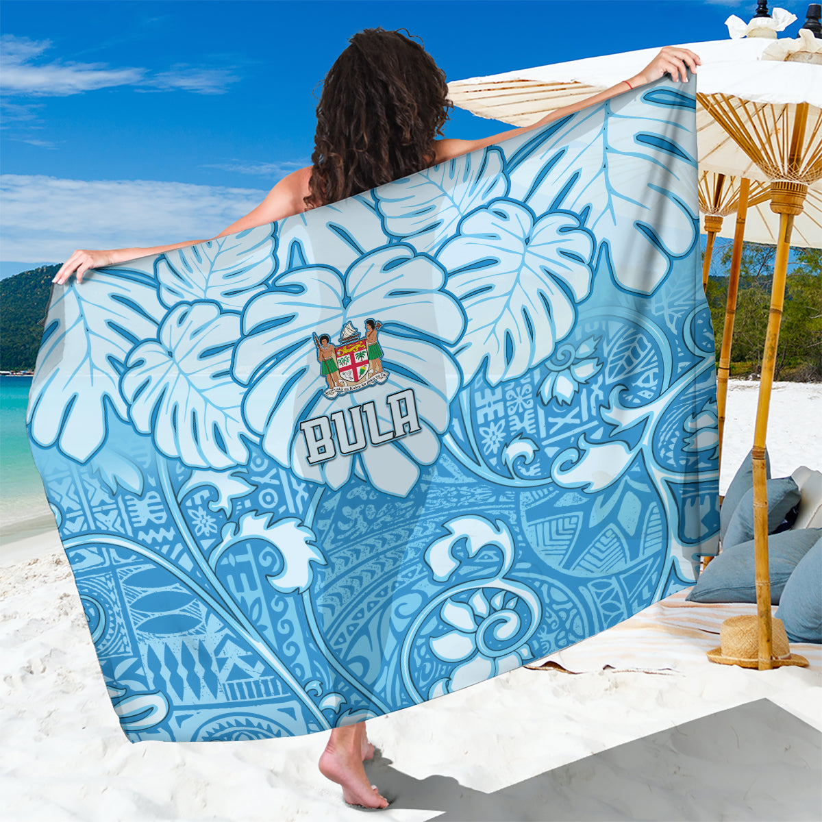 Fiji Spring Break Sarong Fijian Tapa Pattern Blue LT05 One Size 44 x 66 inches Blue - Polynesian Pride