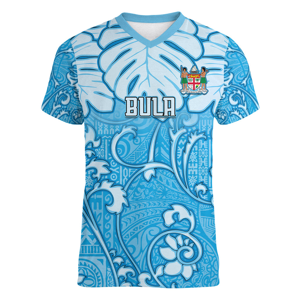 Personalized Fiji Spring Break Women V Neck T Shirt Fijian Tapa Pattern Blue LT05 Female Blue - Polynesian Pride