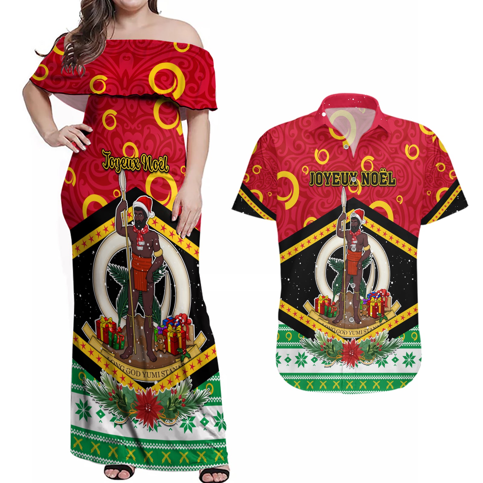 Personalized Vanuatu Christmas Couples Matching Off Shoulder Maxi Dress and Hawaiian Shirt Santa God Yumi LT05 Red - Polynesian Pride