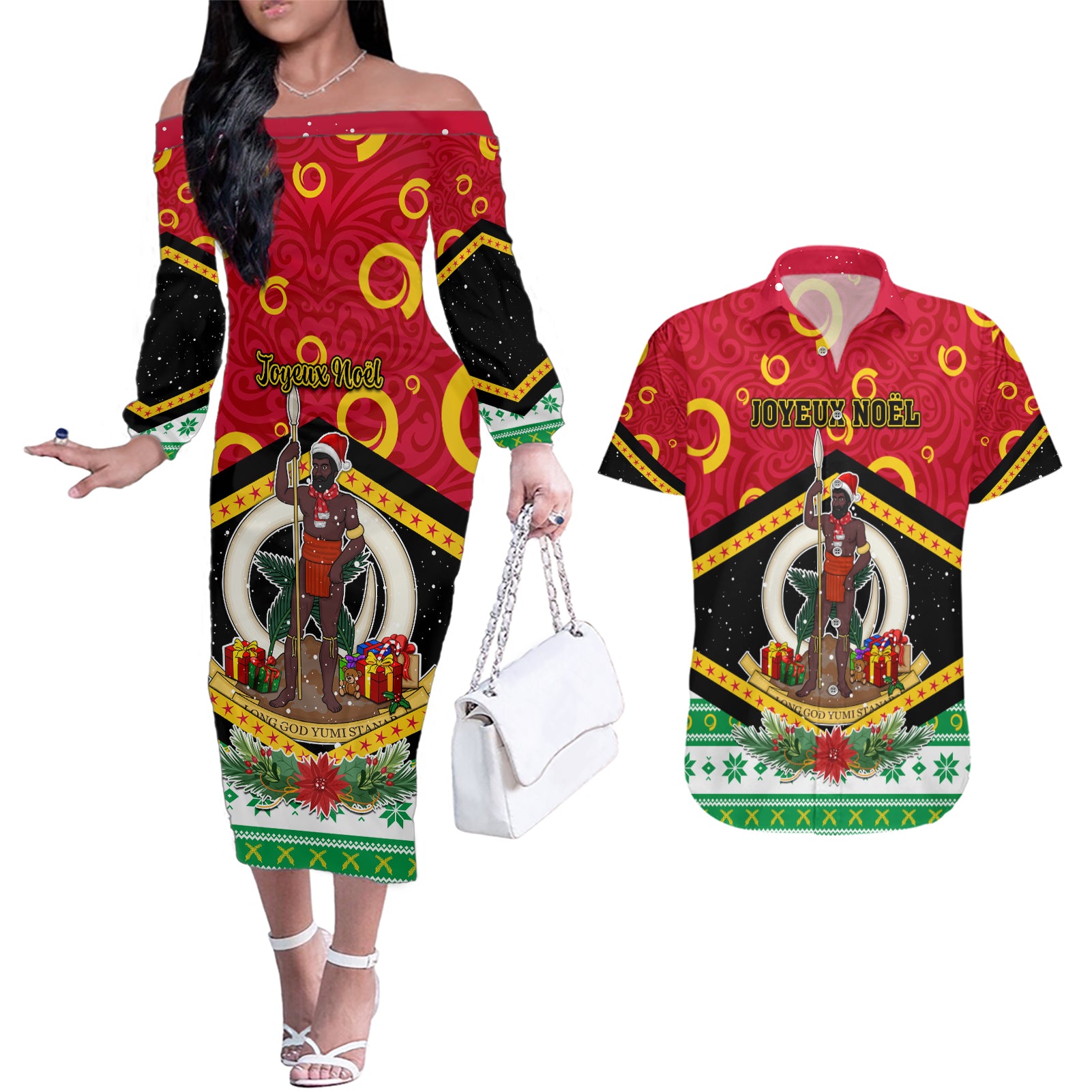 Personalized Vanuatu Christmas Couples Matching Off The Shoulder Long Sleeve Dress and Hawaiian Shirt Santa God Yumi LT05 Red - Polynesian Pride