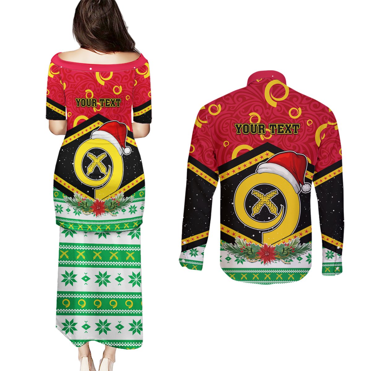 Personalized Vanuatu Christmas Couples Matching Puletasi Dress and Long Sleeve Button Shirts Santa God Yumi LT05 - Polynesian Pride