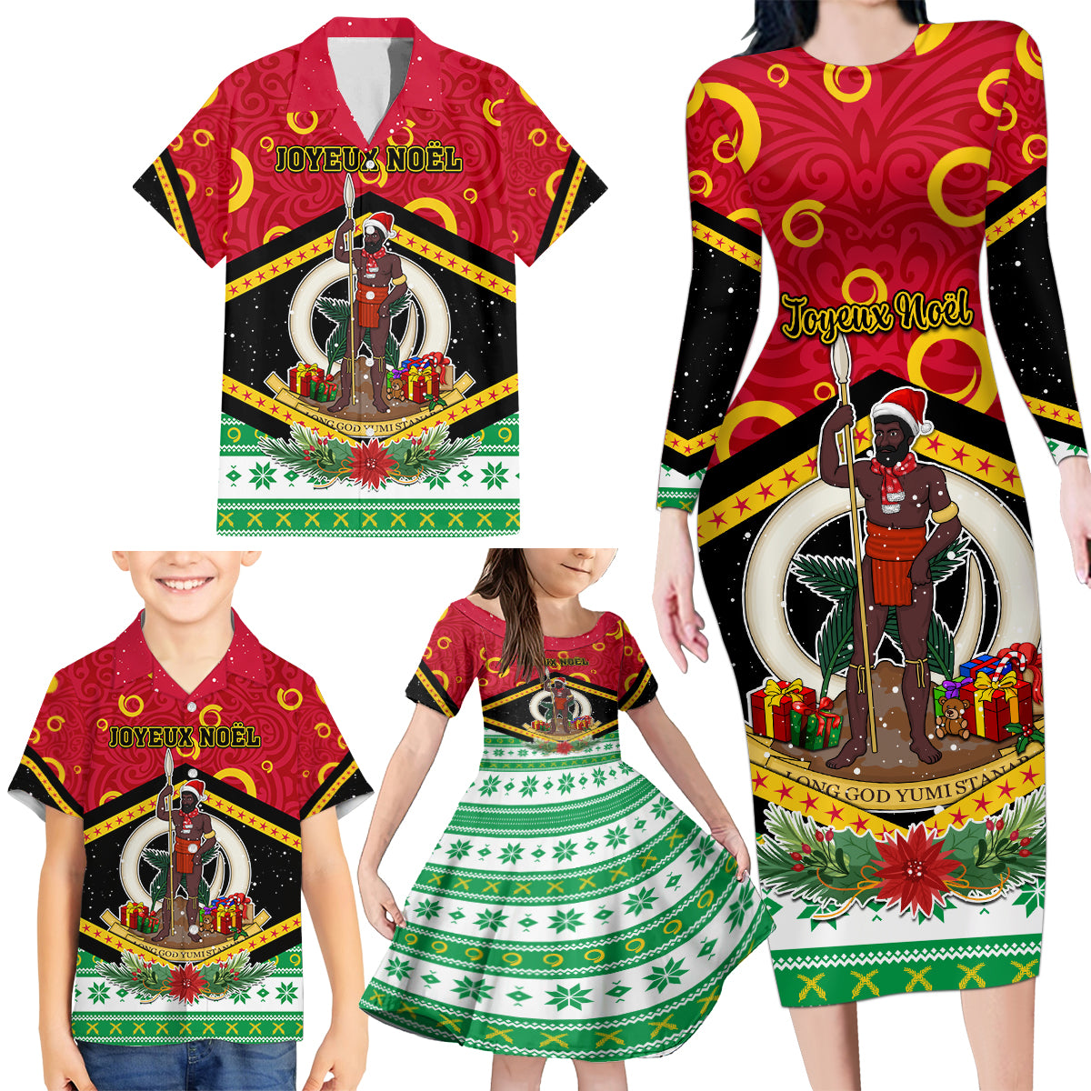 Personalized Vanuatu Christmas Family Matching Long Sleeve Bodycon Dress and Hawaiian Shirt Santa God Yumi LT05 - Polynesian Pride