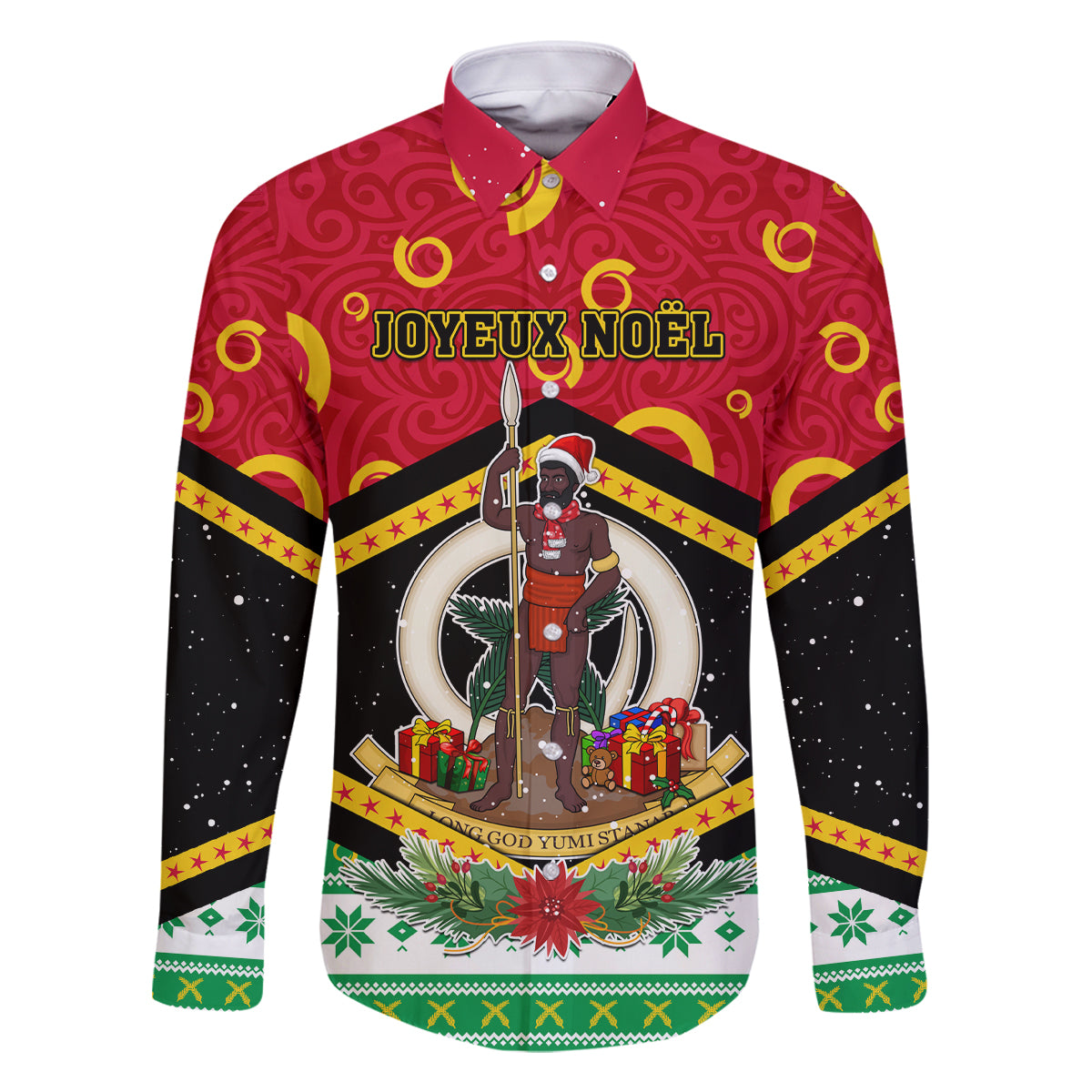 Personalized Vanuatu Christmas Family Matching Mermaid Dress and Hawaiian Shirt Santa God Yumi LT05 Dad's Shirt - Long Sleeve Red - Polynesian Pride