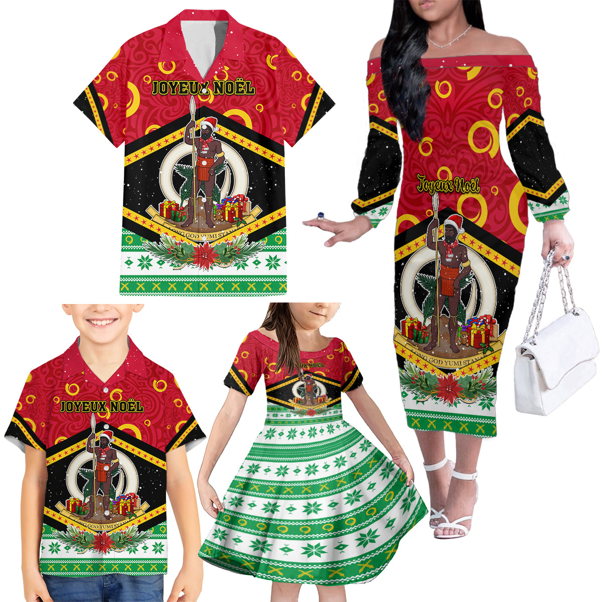 Personalized Vanuatu Christmas Family Matching Off Shoulder Long Sleeve Dress and Hawaiian Shirt Santa God Yumi LT05 - Polynesian Pride