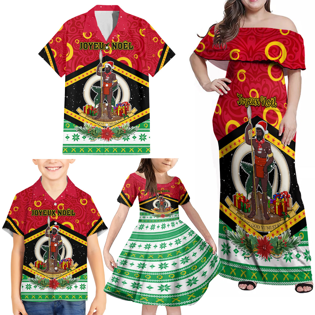 Personalized Vanuatu Christmas Family Matching Off Shoulder Maxi Dress and Hawaiian Shirt Santa God Yumi LT05 - Polynesian Pride