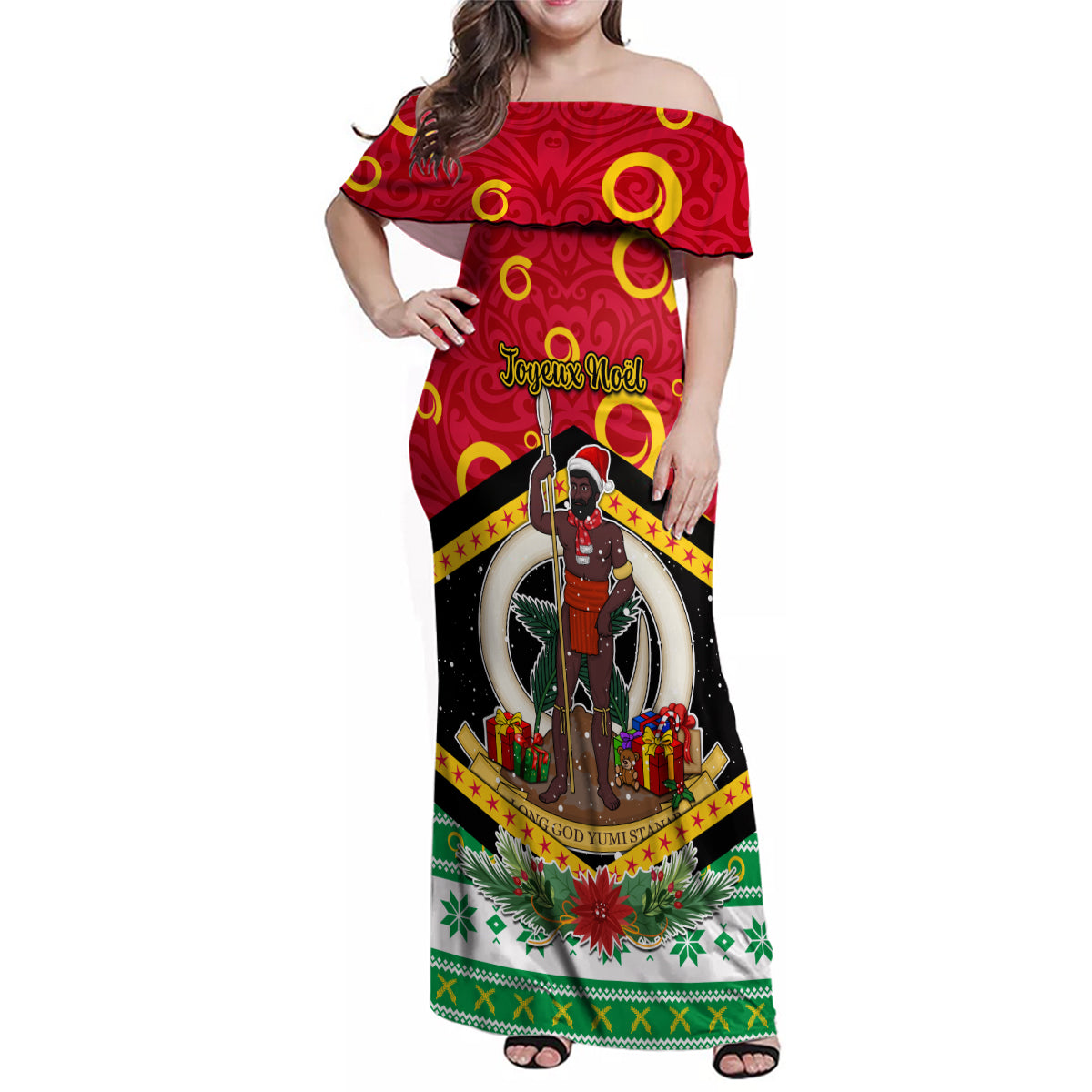 Personalized Vanuatu Christmas Family Matching Off Shoulder Maxi Dress and Hawaiian Shirt Santa God Yumi LT05 Mom's Dress Red - Polynesian Pride