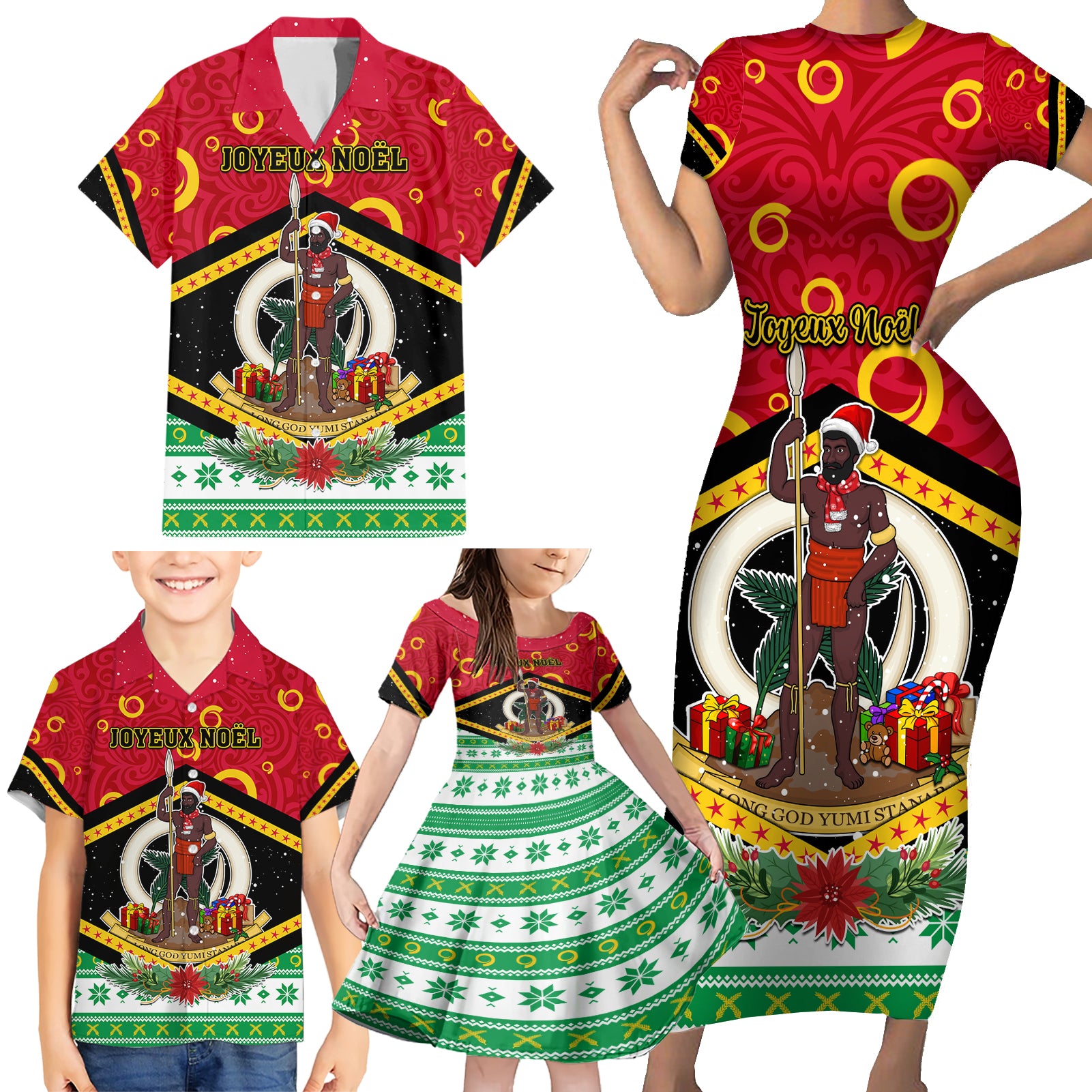 Personalized Vanuatu Christmas Family Matching Short Sleeve Bodycon Dress and Hawaiian Shirt Santa God Yumi LT05 - Polynesian Pride