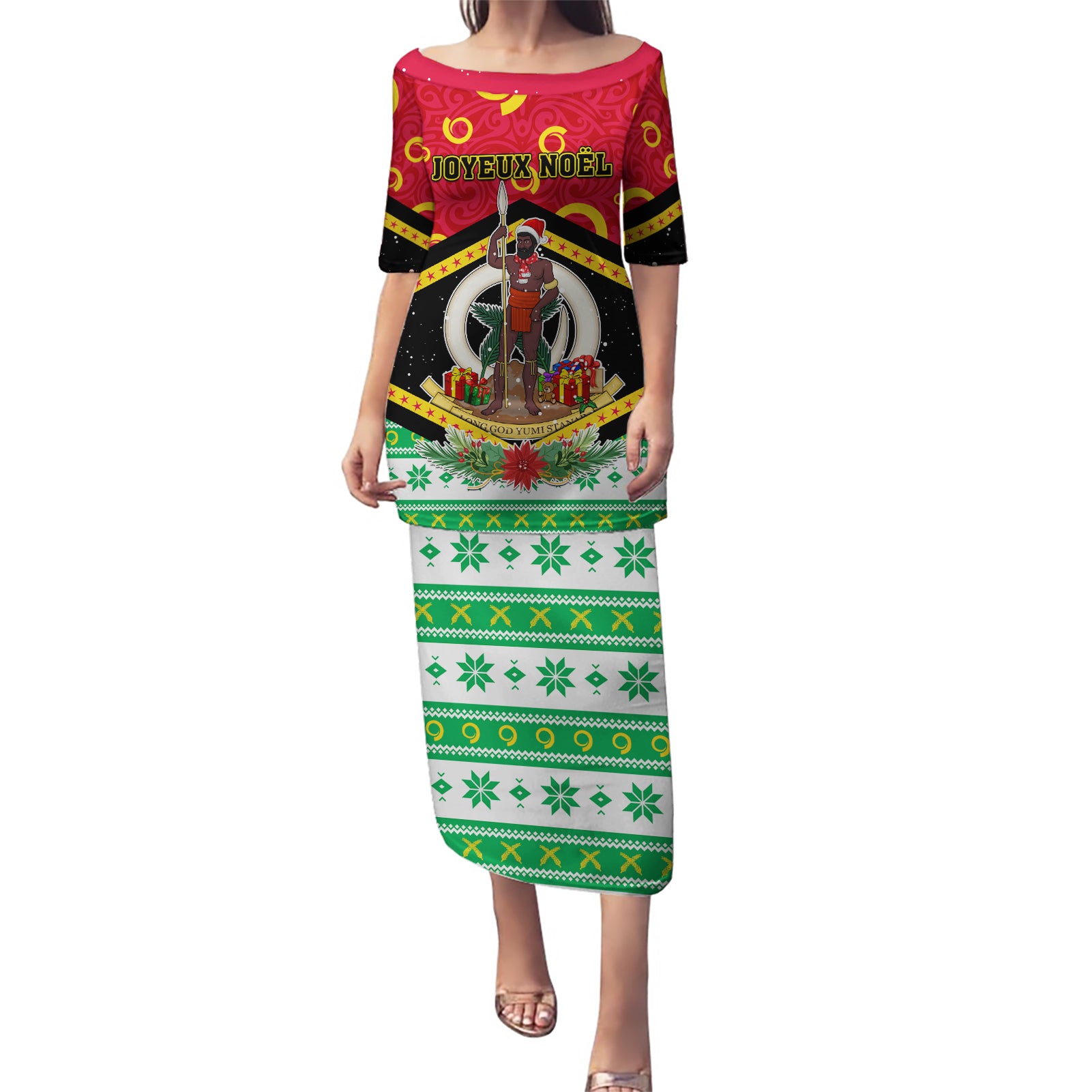 Personalized Vanuatu Christmas Puletasi Santa God Yumi LT05 Long Dress Red - Polynesian Pride