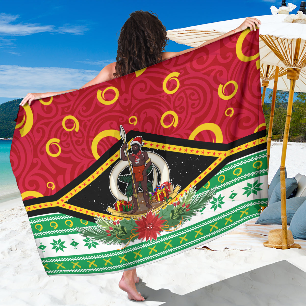 Vanuatu Christmas Sarong Santa God Yumi LT05 One Size 44 x 66 inches Red - Polynesian Pride