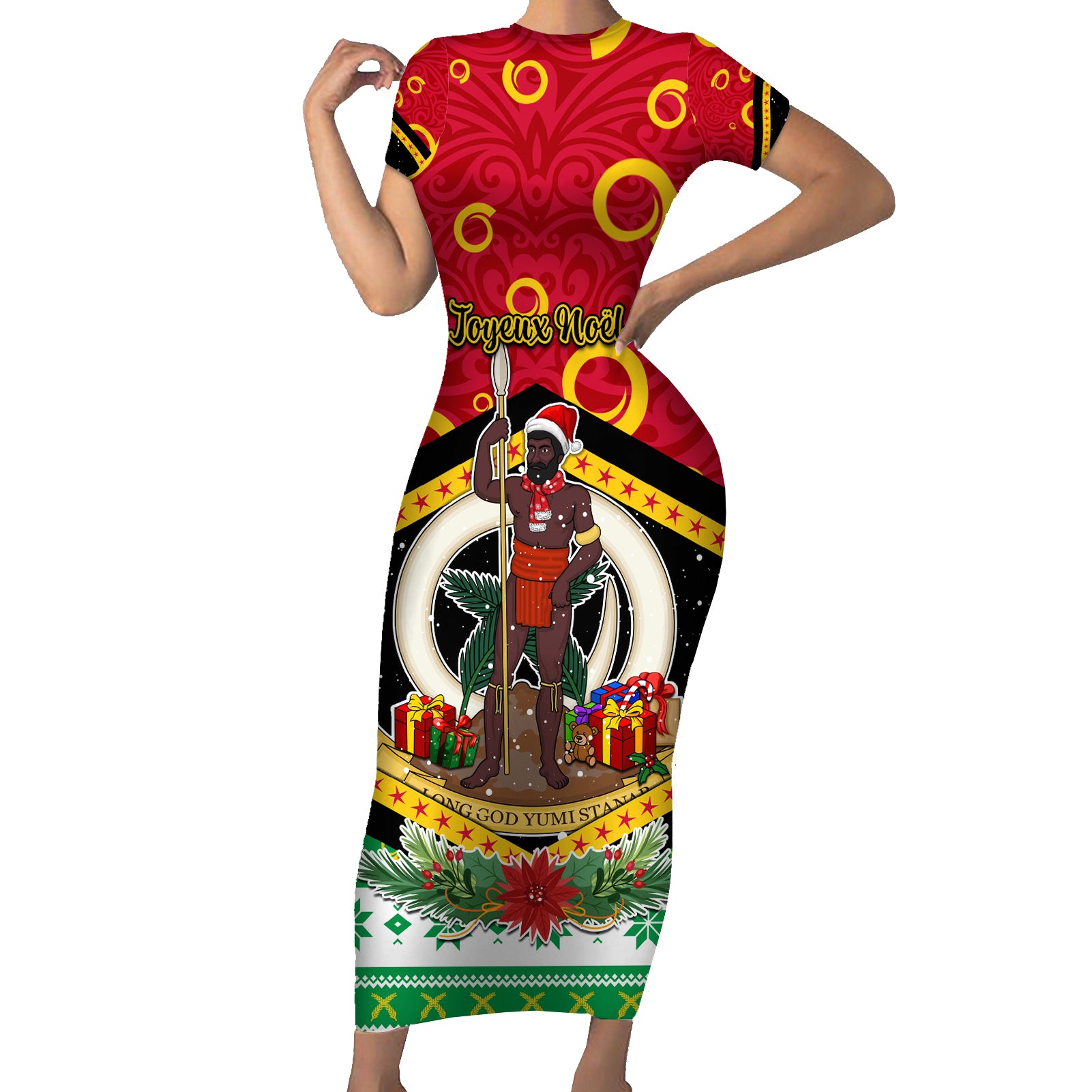 Personalized Vanuatu Christmas Short Sleeve Bodycon Dress Santa God Yumi LT05 Long Dress Red - Polynesian Pride