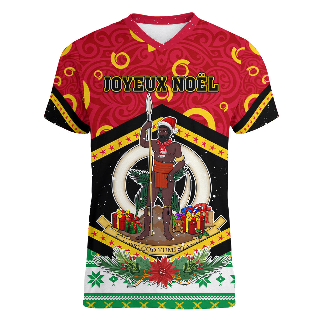 Personalized Vanuatu Christmas Women V Neck T Shirt Santa God Yumi LT05 Female Red - Polynesian Pride