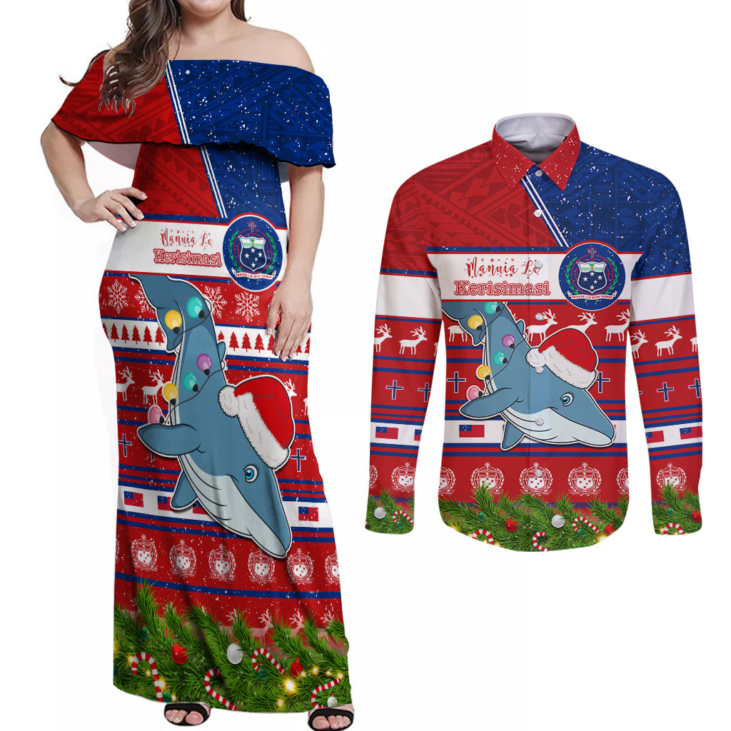 Personalized Samoa Christmas Couples Matching Off Shoulder Maxi Dress and Long Sleeve Button Shirts Santas Whale Manuia Le Kerisimasi LT05 Red - Polynesian Pride