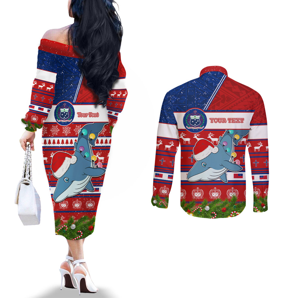 Personalized Samoa Christmas Couples Matching Off The Shoulder Long Sleeve Dress and Long Sleeve Button Shirts Santas Whale Manuia Le Kerisimasi LT05 - Polynesian Pride
