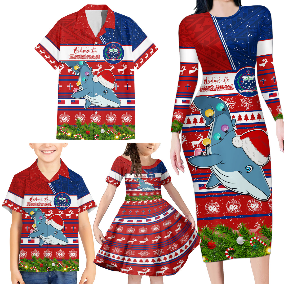 Personalized Samoa Christmas Family Matching Long Sleeve Bodycon Dress and Hawaiian Shirt Santas Whale Manuia Le Kerisimasi LT05 - Polynesian Pride